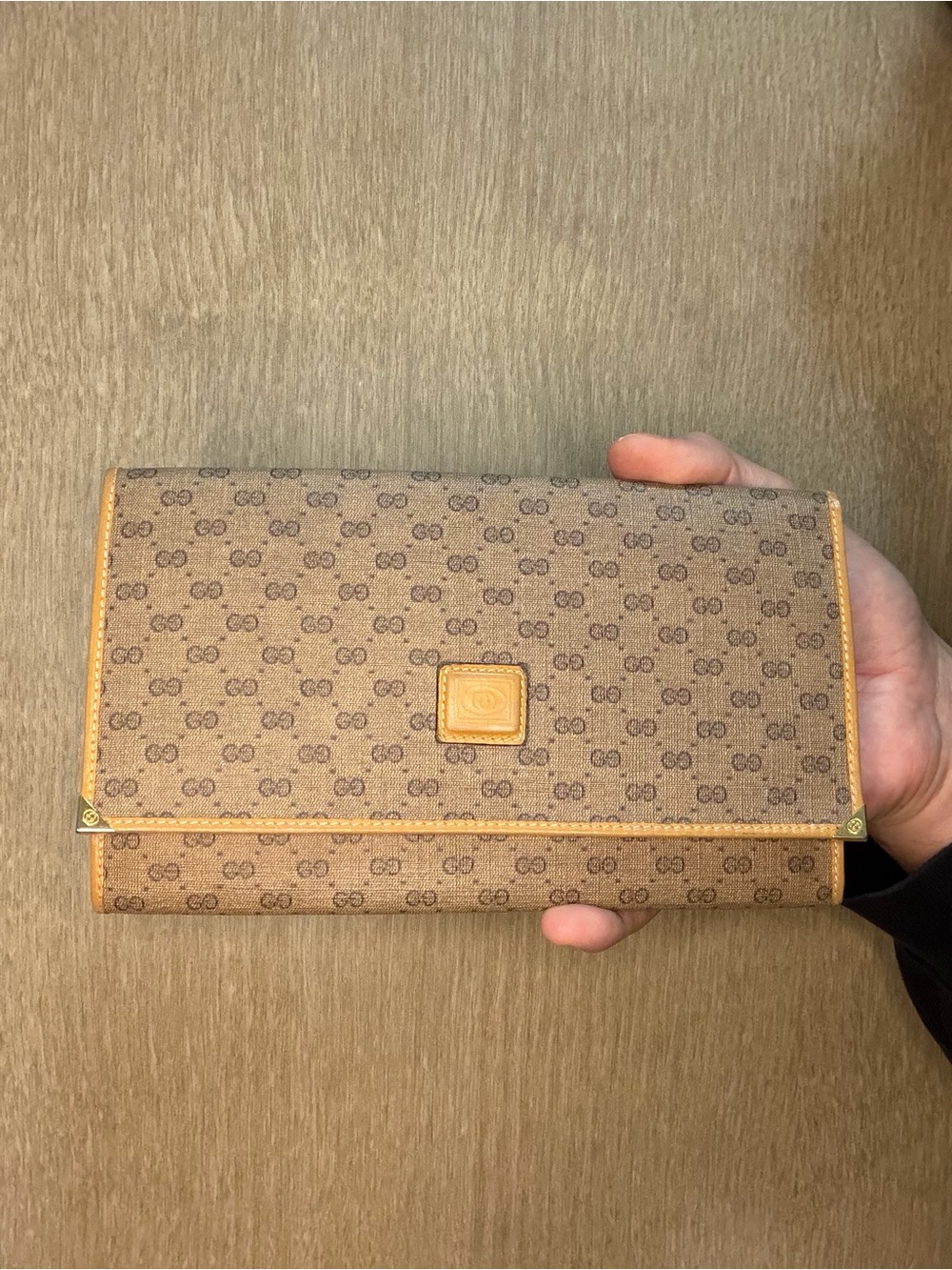Authentic Vintage Gucci Micro GG Canvas Wallet with Tan Trim and Gold Accents